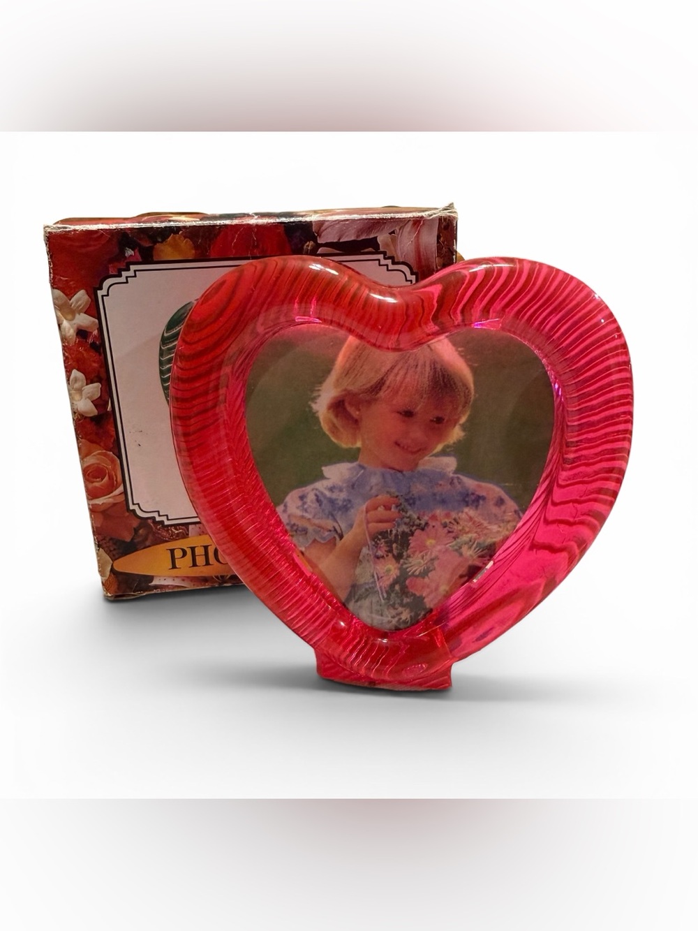 Vintage Pink Heart Shaped Resin Photo Frame 4” Freestanding Display with Box
